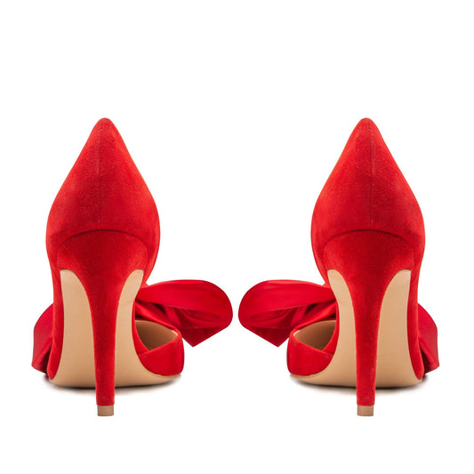 Samantha red suede and oversized red satin bow open sided stiletto