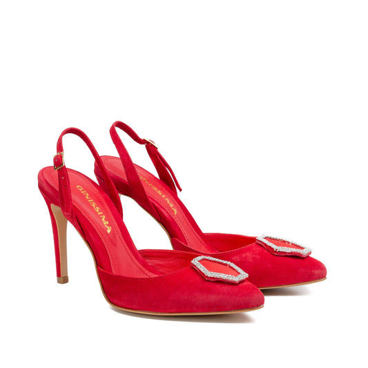 Alice Red Suede and Crystal Buckle Slingback Pumps